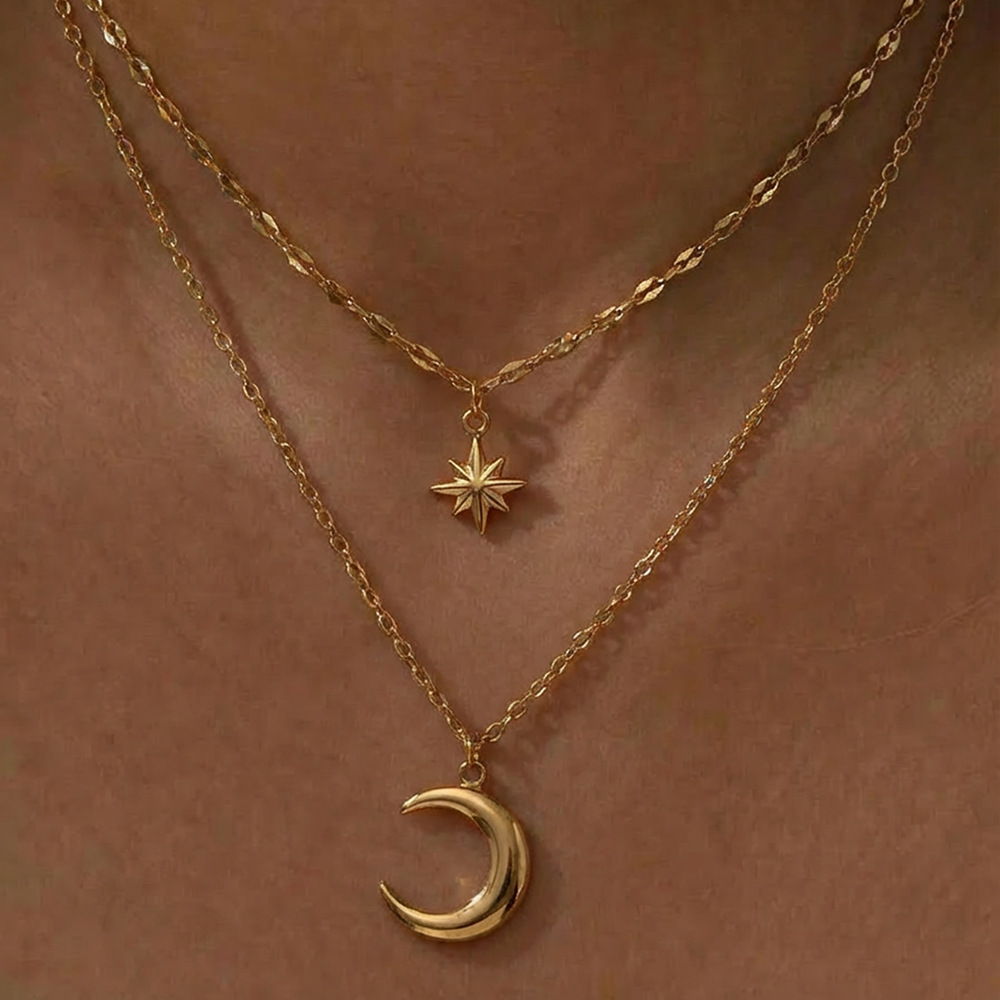 Stainless Steel Eight-Pointed Star Moon Pendant Double-Layer Necklace for Women, Light Luxury Niche Design, Stackable Clavicle Chain Jewelry