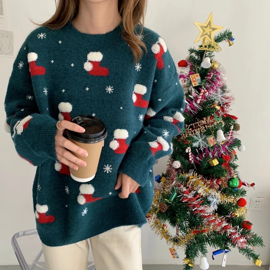 Christmas Knit Sweater For Women - Cozy Oversized Pullover With Festive Patterns, Soft Polyester Long Sleeve Tunic_voghion.com