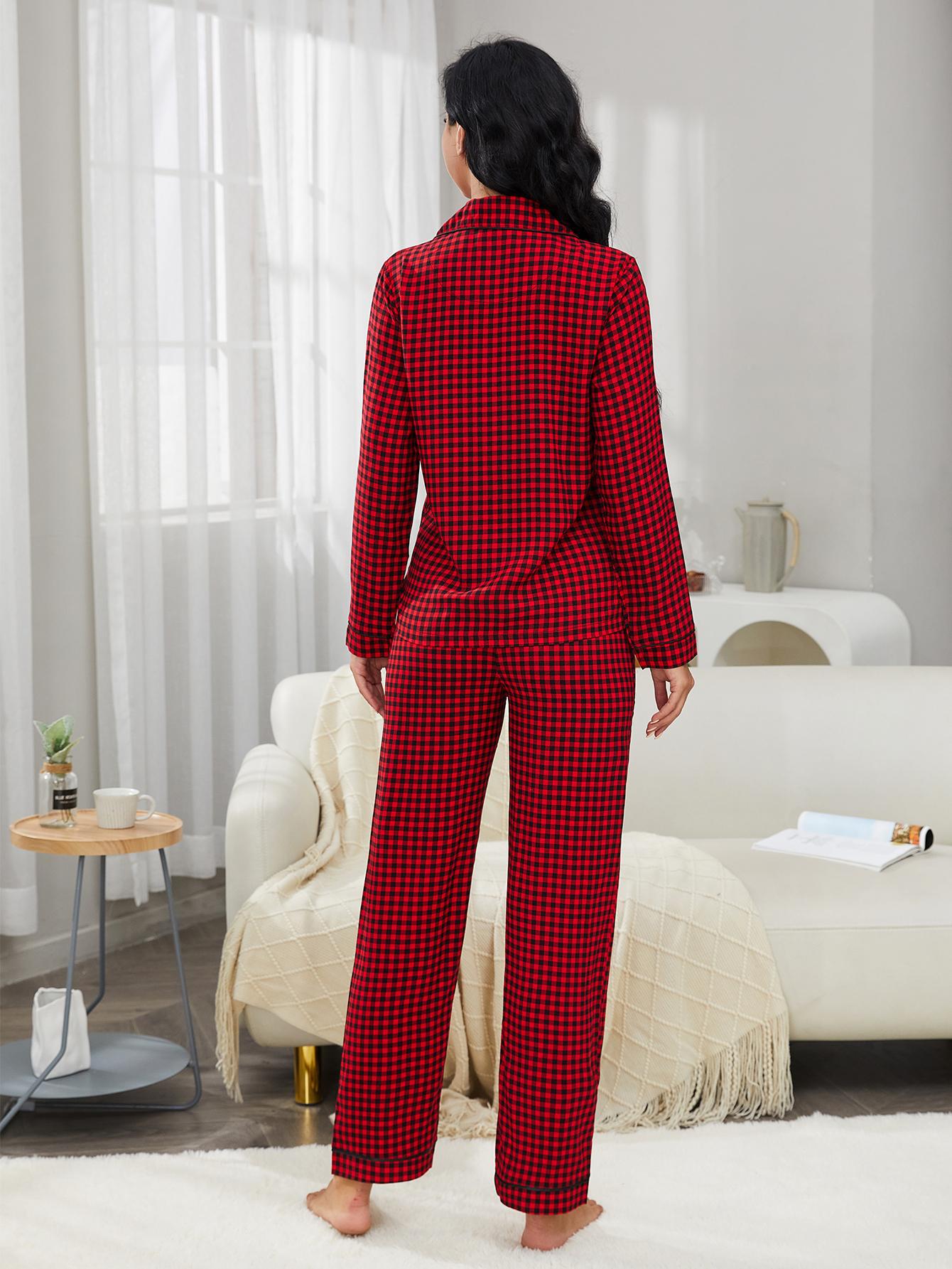 Damennachtwäsche im Frühling und Herbst, rot-schwarz karierte Strickjacke mit Ärmeln, lange Hosen, zweiteiliger Heimanzug_voghion.com