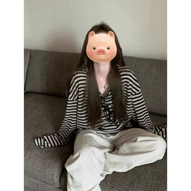 夏季薄款慵懒风条纹防晒长袖圆领T恤女oversize宽松显瘦罩衫上衣