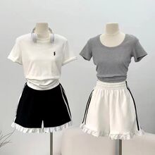 W431】螺纹涤纶】(各平台免费上版)纯欲锋夏季外穿休闲花边运动短