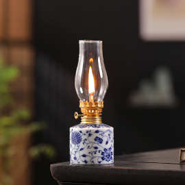青花陶瓷酥油灯茶桌摆件茶室长明灯家用露营复古灯盏陶瓷烛台