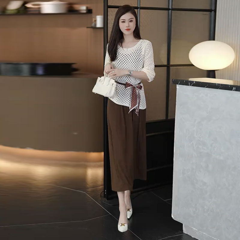 时尚套装裙女2025秋季新款时髦洋气镂空网纱罩衫吊带连衣裙两件套|undefined
