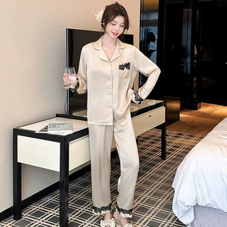 加工定制冰丝睡衣女纯色宽松纽扣翻领长袖长裤休闲软糯家居服套装