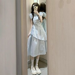 法式蓝色设计感连衣裙子女2025夏季新款小个子气质绝美高级感长裙