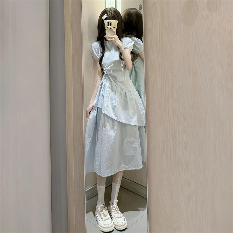 法式蓝色设计感连衣裙子女2025夏季新款小个子气质绝美高级感长裙|undefined