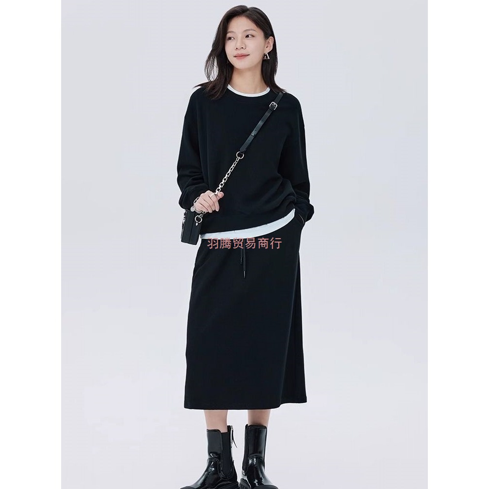 2025秋季新款假两件圆领卫衣半身裙两件套韩版宽松休闲运动套装女