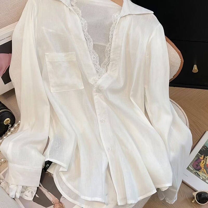 春夏新款简约风新品感白色假两件蕾丝拼接长袖宽松衬衫上衣女2025|undefined