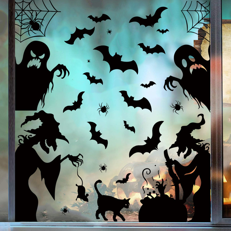 新しいハロウィンウィンドウステッカー魔女シルエットガラス窓装飾ステッカー黒猫コウモリホリデーウォールステッカーpvc自己粘着|undefined