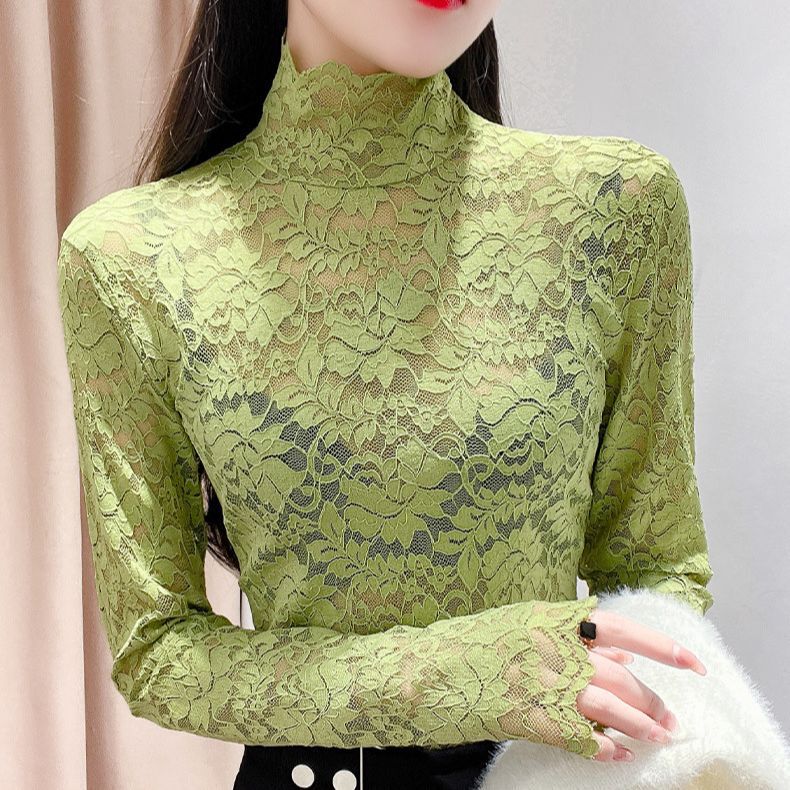 Lace bottoming shirt for women spring/autumn/winter New Western style undershirt versatile long sleeve mesh hollow top Lace bottoming shirt for women spring/autumn/winter New Western style undershirt versatile long sleeve mesh hollow top