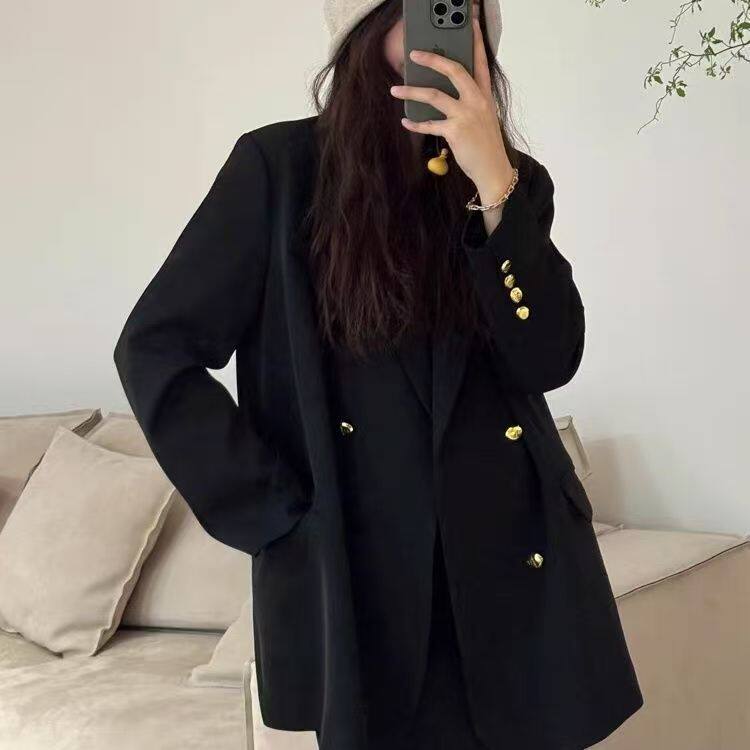 Áo vest nữ màu đen dáng rộng cổ vest một hàng cúc tay dài — màu đen chi tiết 3