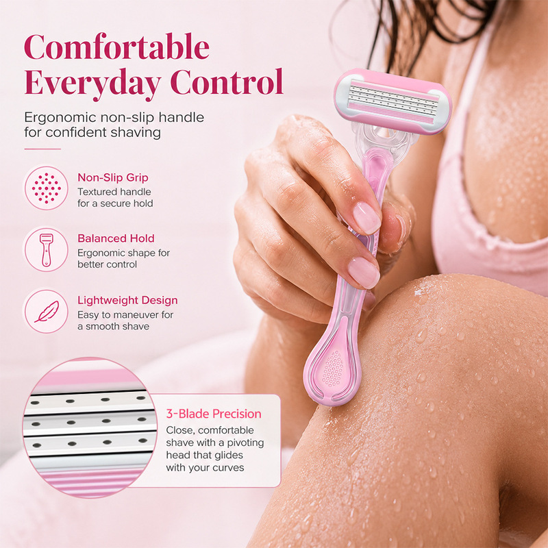 Women's Manual Razor with Replaceable Stainless Steel Blades, Three-Layer Blades with Soap Head, Specifically for Women