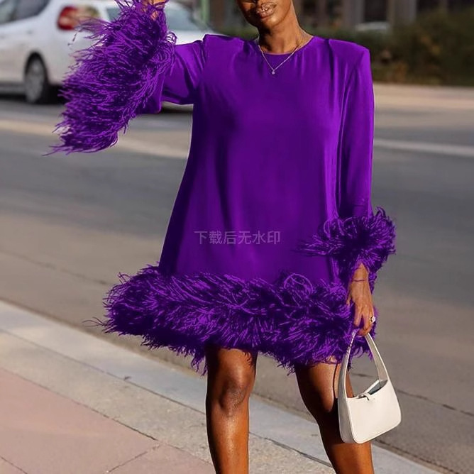 Round Neck Long Sleeved Loose Dress Pure Color Round Neck Long Sleeved Loose Dress for Women