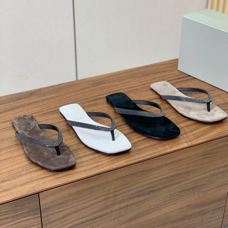 Bc Women's Summer Suede Handmade Beaded Chain Beaded Square Toe Cashmere Flats Flip-Flops