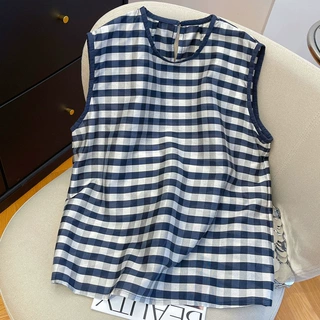 高级感格子无袖背心女夏2025宽松显瘦减龄条纹小衫上衣