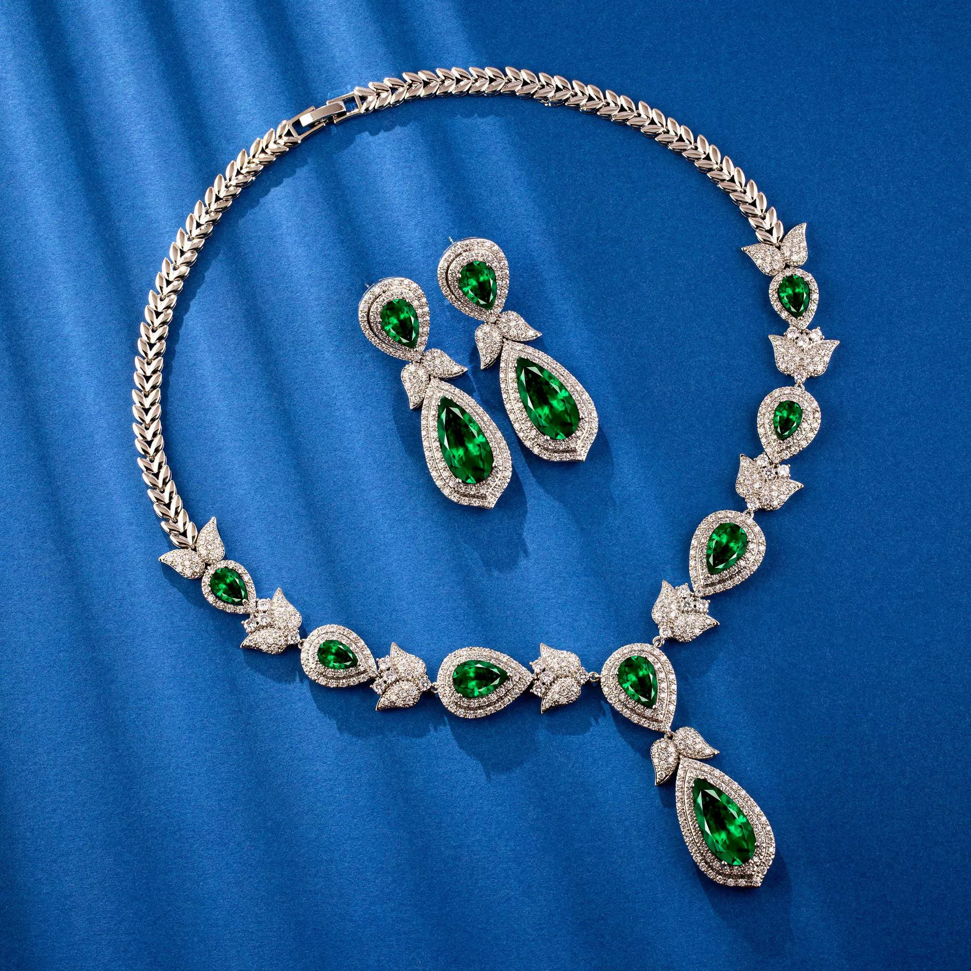 Tulip teardrop crystal necklace and earrings evening jewelry