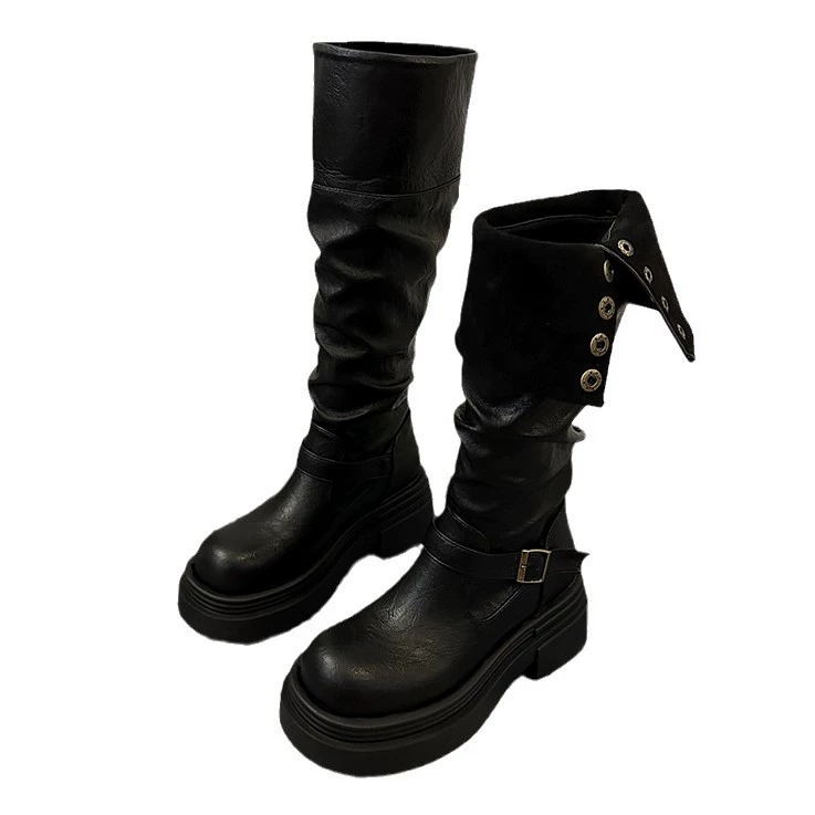Retro high boots, belt platform, buckle, autumn