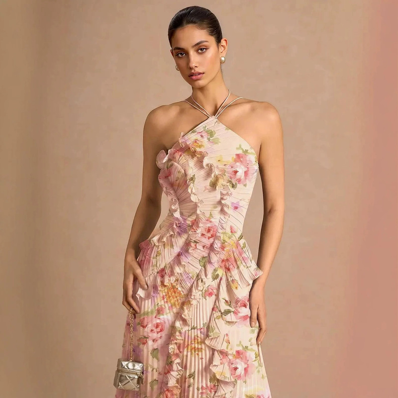 2026 New Style Foreign Trade Cross-Border Dress Pleated Dress Elegant Evening Gown European and American Style Pleated Print 2026 New Style Foreign Trade Cross-Border Dress Pleated Dress Elegant Evening Gown European and American Style Pleated Print