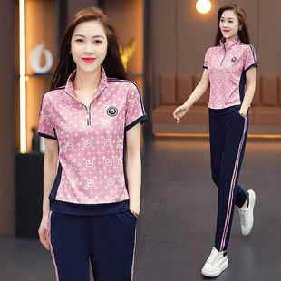 Middle-aged mom wear casual sports suit women's summer plus size loose short-sleeved trousers fashion running clothes thin