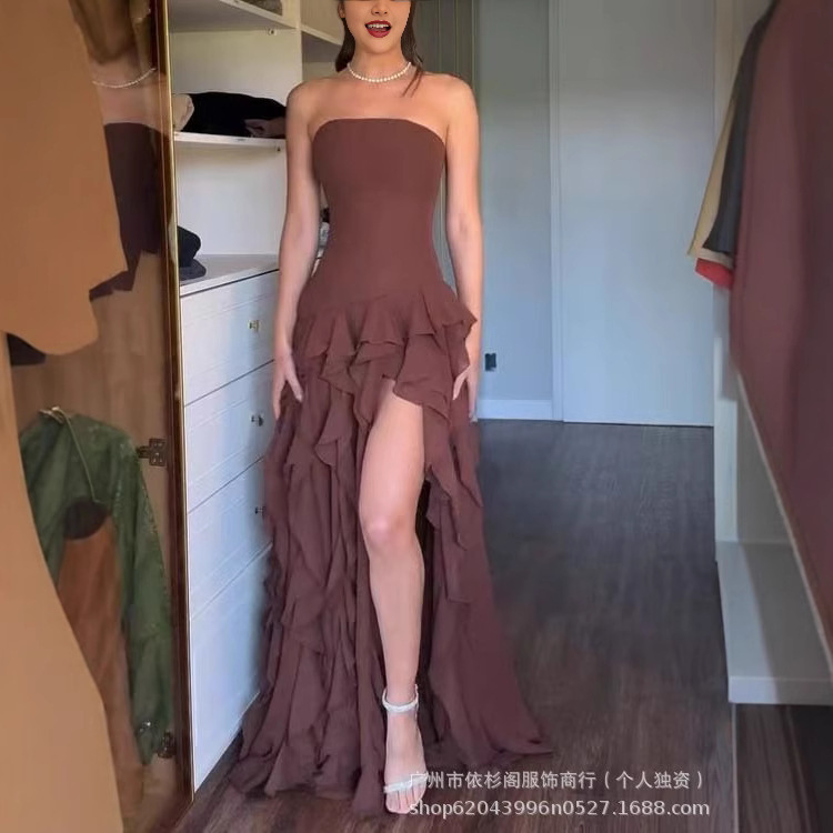 2025 European and American Summer Cross-Border Waist-Cinching Sexy Strapless Slim Fit Ruffled Side-Slit Elegant Evening Dress