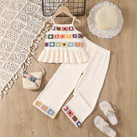 欧美跨境热卖女童夏季彩色钩花吊带背心阔腿长裤套装时尚童装短袖