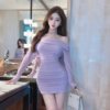 One neckline off shoulder candy colored mesh wrap buttocks bottom long sleeved dress
