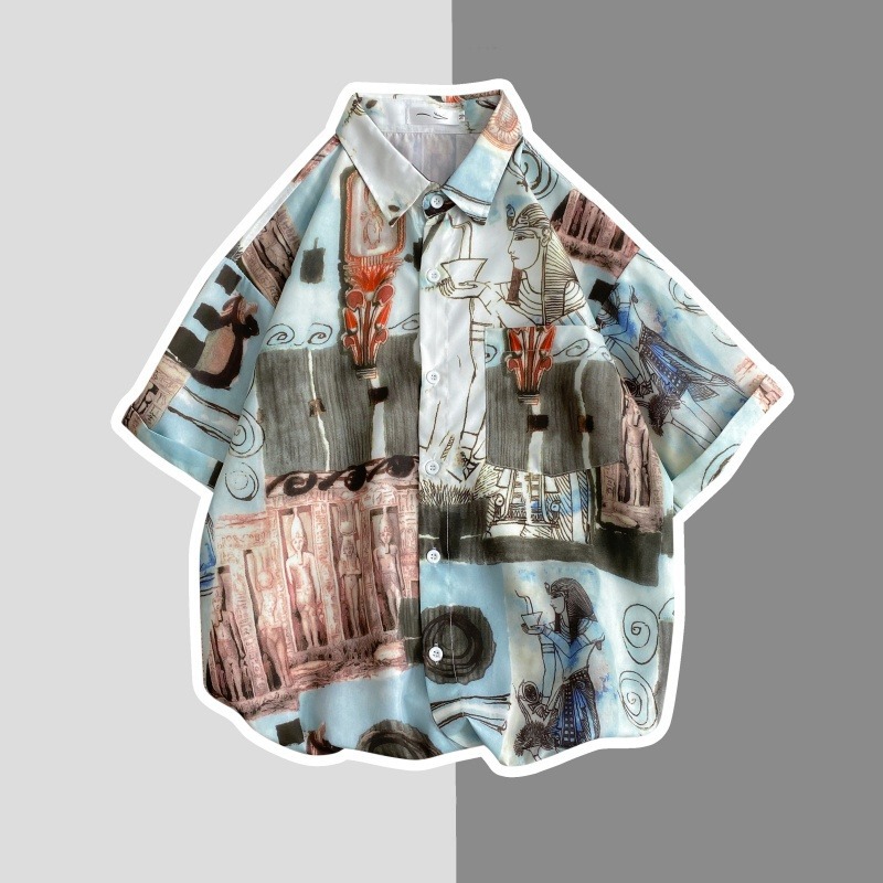 Hawaii Vintage Printed Short-sleeved Shirt Men's and Women's Summer Thin Casual Ins Sopky Handsome Seaside Beach Shirt