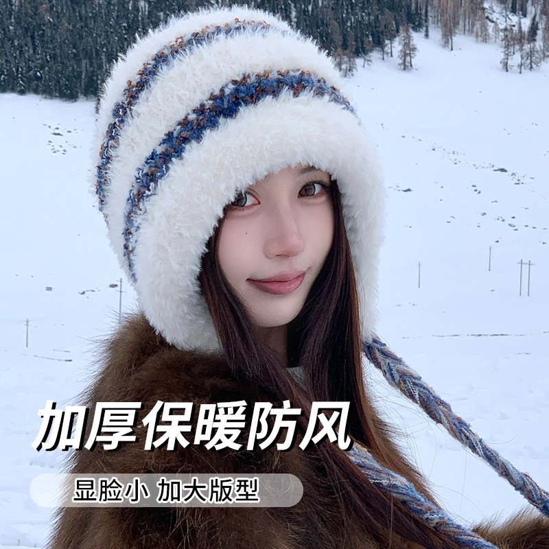 冬天保暖毛绒帽女骑车加厚防风针织帽甜美可爱大头围护耳风雪帽