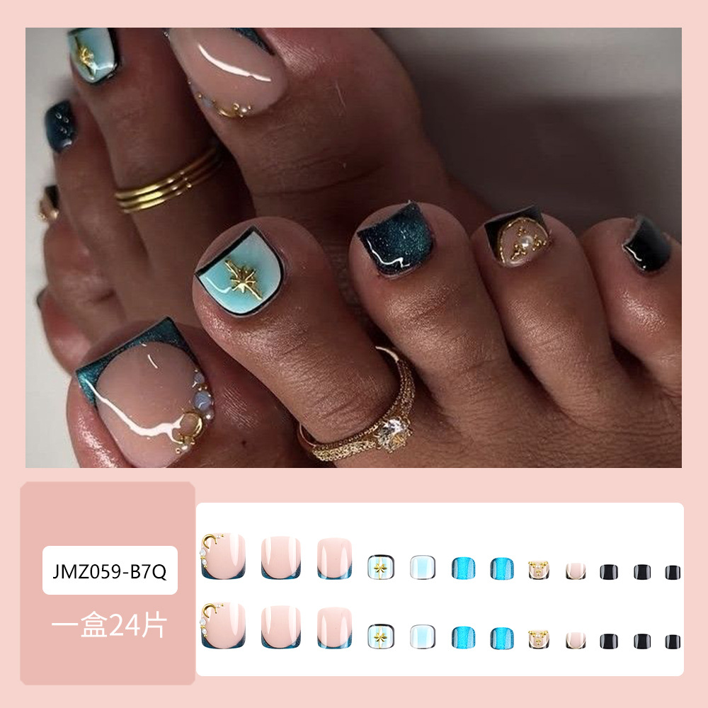 Lujo ligero ojo de gato azul de hielo usar uñas francesas Phnom Penh estrella de diamante de belleza de uñas 24 piezas para mostrar parches de uñas blancas