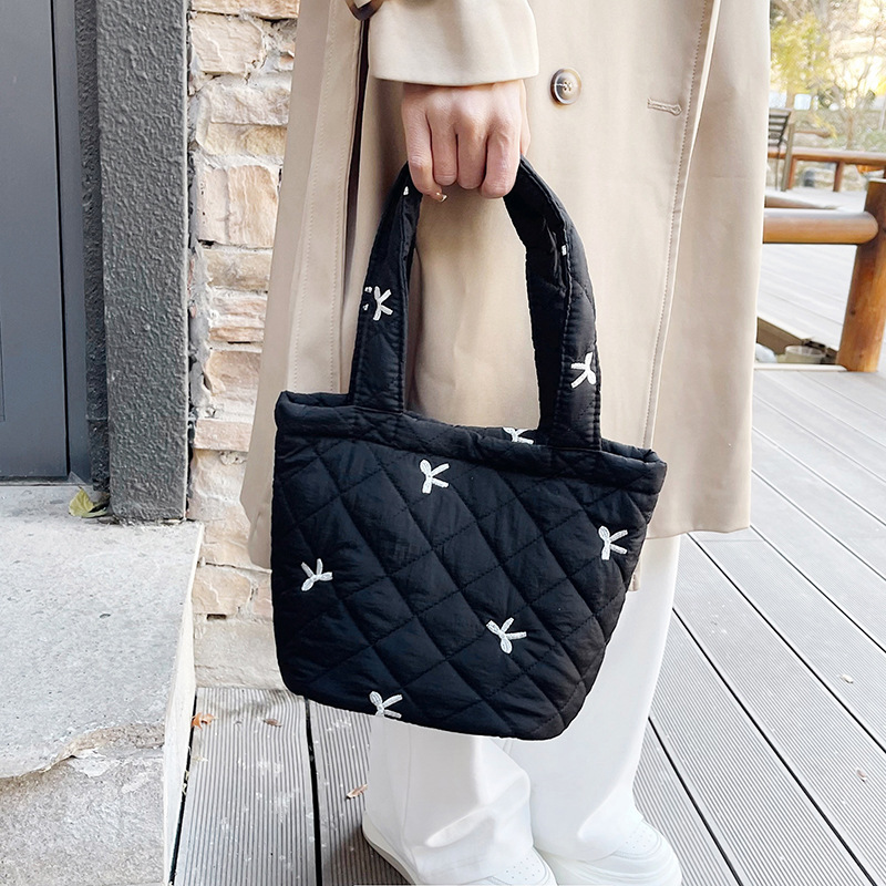 Casual Rhombic Embroidery Small Bag Women's 2024 New Autumn and Winter Cotton Bag Super Popular Portable Small Bag Bucket Bag