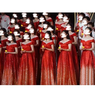 Performance Clothing, Large Choir Host Conductor Clothing, Red Song Classy Elegant Performance Stage Red Evening Dress