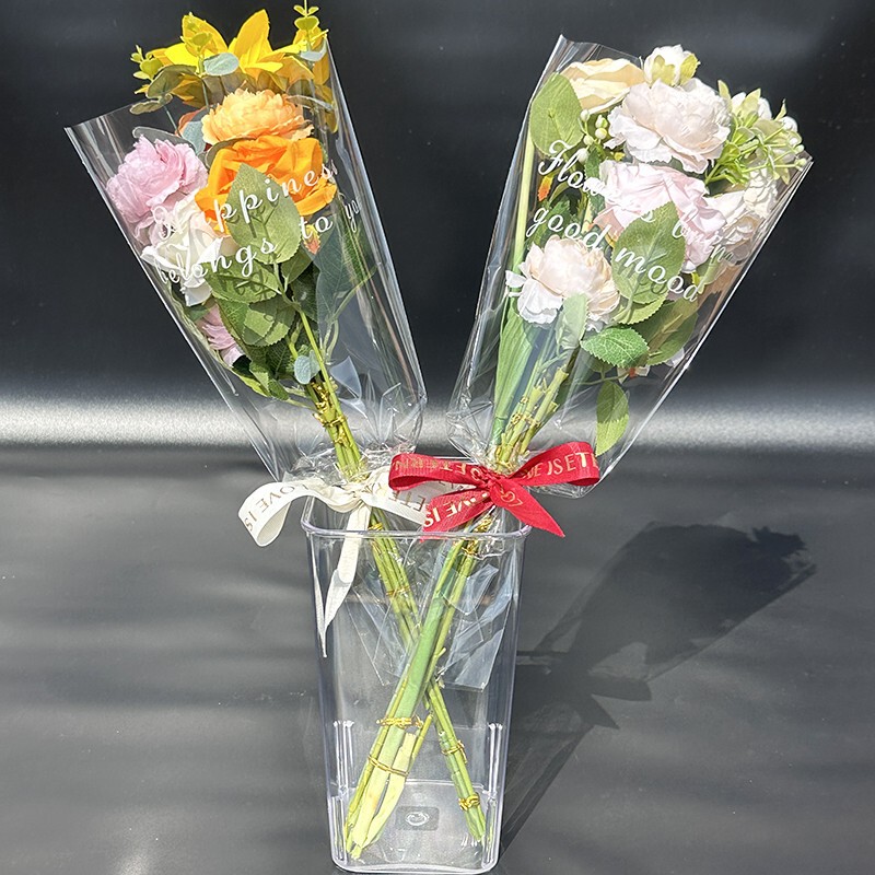 Transparent Bouquet Bagging Flowers Rose Waterproof Multi-Branch Flower Packaging Bag Plastic Flower Paper Single Stall English