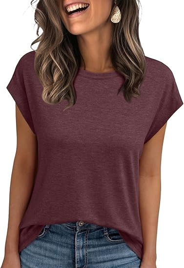 Amazon 2025 ヨーロッパとアメリカの女性のベスト夏クロスボーダーラウンドネック半袖 Tシャツ無地ラウンドネックカバースリーブ外国貿易女性|undefined