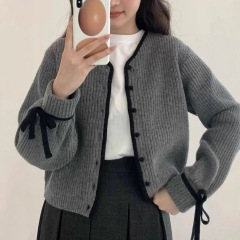 韩系甜美风短款针织开衫女秋冬季设计感小众系带毛衣外套外搭上衣