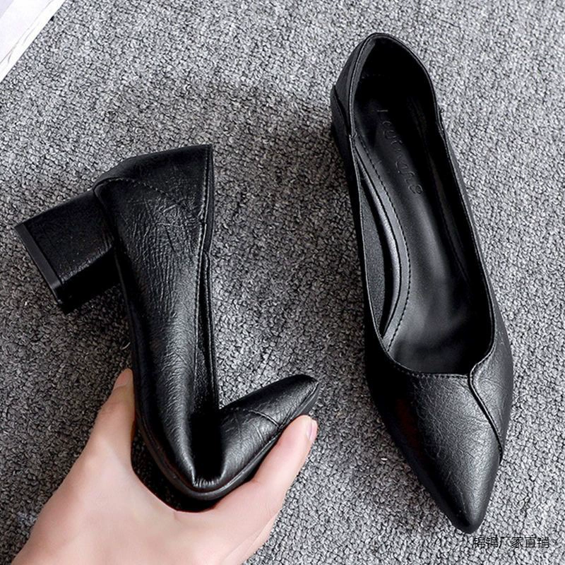 Мягкие кожаные туфли на высоком каблуке женские туфли на толстом каблуке