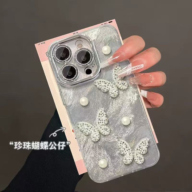 Ligero lujo ins tridimensional perla mariposa aplicable iphone15 funda para teléfono móvil 13/14 Apple 16ProMax pulsera mujer