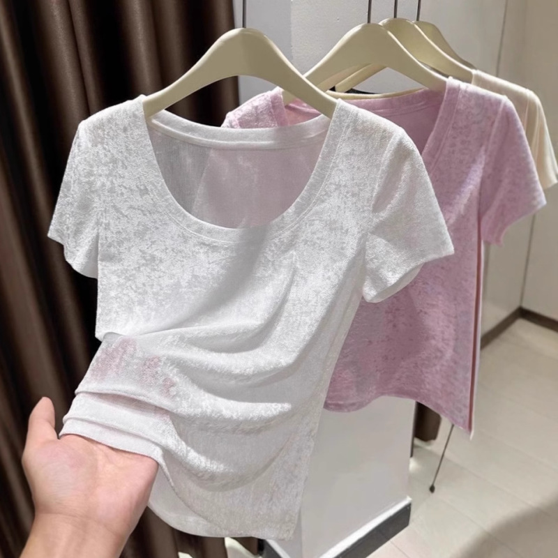 Velvet Mesh Large U-Neck Short-Sleeved T-Shirt for Women in Summer Korean Style Exposed Collarbone Slimming Look Top Elegant Versatile Bottoming Shirt Velvet Mesh Large U-Neck Short-Sleeved T-Shirt for Women in Summer Korean Style Exposed Collarbone Slimming Look Top Elegant Versatile Bottoming Shirt