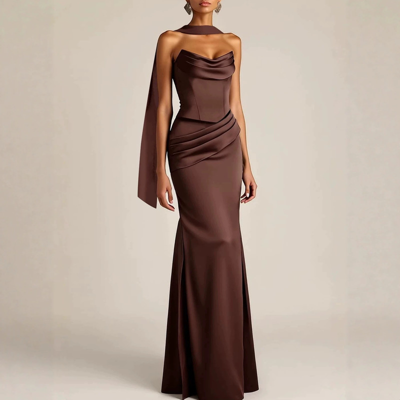 Amazon ball gown evening dress, satin strapless coffee-colored waist-cinching mermaid bridesmaid dress, elegant banquet evening dress Amazon ball gown evening dress, satin strapless coffee-colored waist-cinching mermaid bridesmaid dress, elegant banquet evening dress