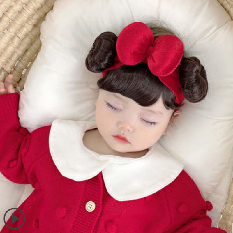 진한 빨간색 리본 더블 가발