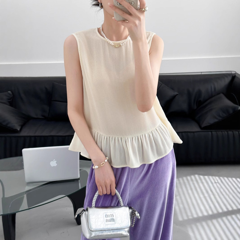 2025 New Summer Style Mulberry Silk Low Round Neck Elegant Sleeveless Shirt Silk Velvet Ruffle Bottoming Vest 15