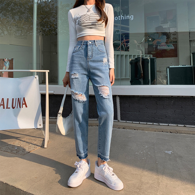 Real Shot of Ripped Beggar Nine-Point Jeans for Women Spring and Summer New Straight-Leg Loose High-Waist Slim Harem Daddy Pants