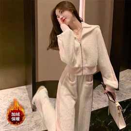 休闲保暖加绒卫衣套装女冬装新款气质减龄感时尚阔腿裤两件套