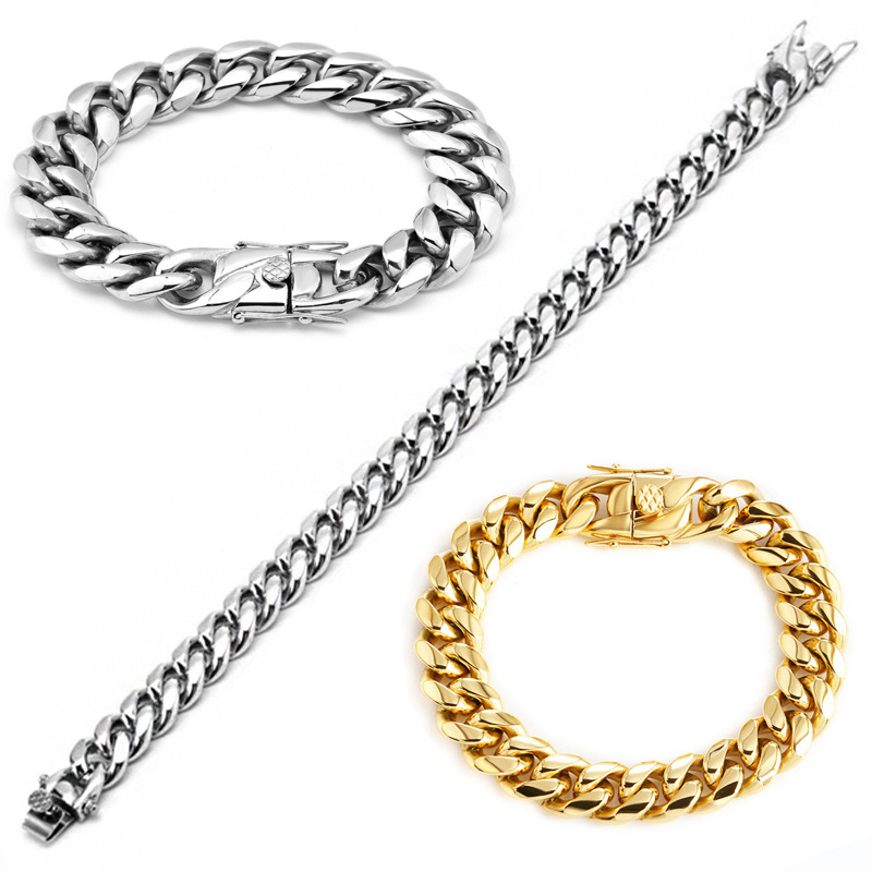 Polishing Design Wish  Stainless Steel Round Grinding Cuban Bracelet Men's Titanium Steel Hip Hop Fine Polishing Dragon Head Buckle Bracelet