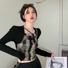 复古别致扎染独特长袖新款打底衫T恤女秋季修身显瘦短款辣妹上衣