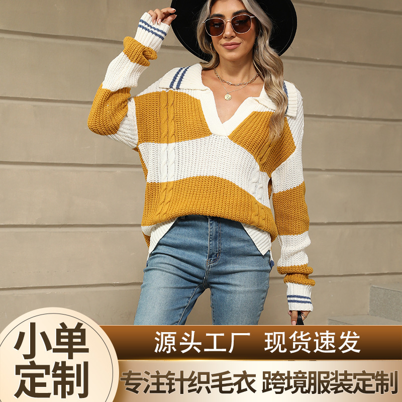 Christmas Clothing Women's Sweater POLO Collar Striped Knitted Sweater Loose Lazy Style Long Sleeve Pullover Knitted Sweater