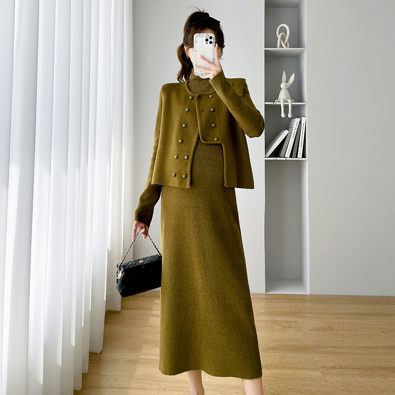 Double breasted outdoor fashion pregnant women suit commuter elegant style pregnant women two-piece set half turtleneck dress women