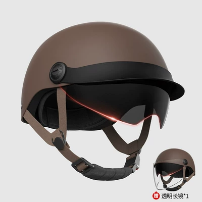 and Women, Safety Helmet for Electric: Motosiklet kaskı (dəbilqə) - sku-22-new-national-standard-retro-brown-brim-sunscreen-endoscope-long-transparent