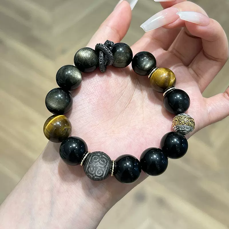 巧恩天然金曜石新中式手链女生回纹珠银曜石虎眼石DIY设计款串珠