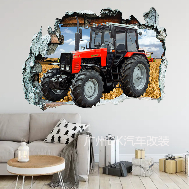 Tractor tridimensional transfronterizo 3d pegatinas de pared dormitorio sala de estar decoración de fondo de pared pared rota pegatinas de PVC autoadhesivos
