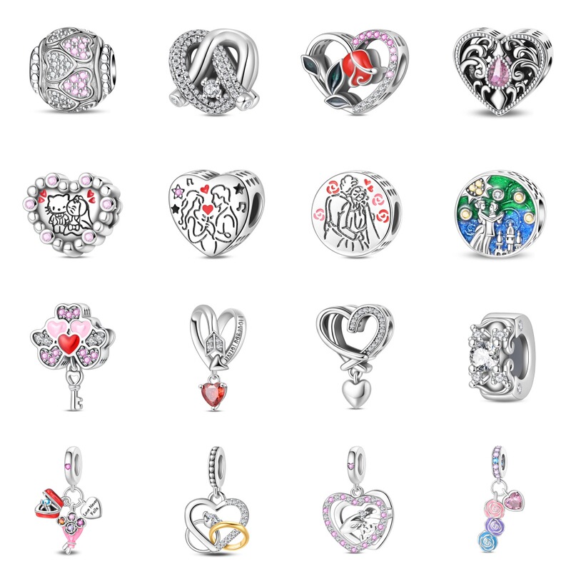 Romantic Couple Heart-Shaped Bracelet Pendant Creative Love Heart Copper Plated 925 Silver Beads DIY Jewelry Accessories Cross-Border Hot Selling